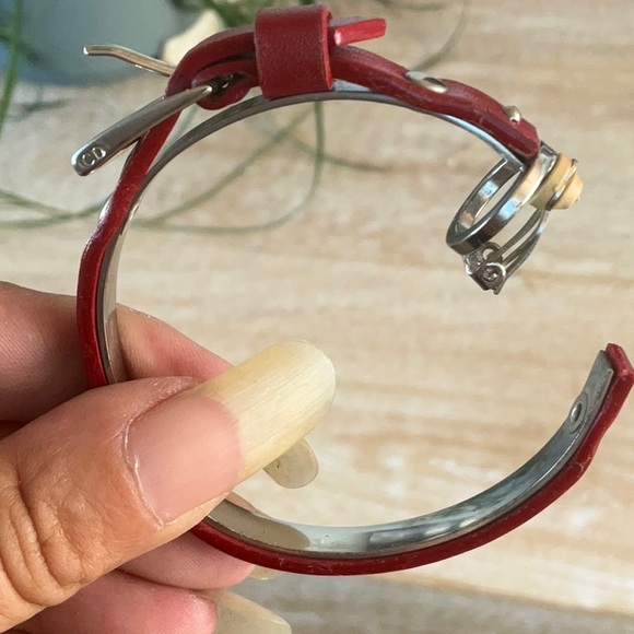 AUTH VTG Christian Dior Red Leather Logo Silver Belt Buckle Large Hoop Earrings - Picture 9 of 14